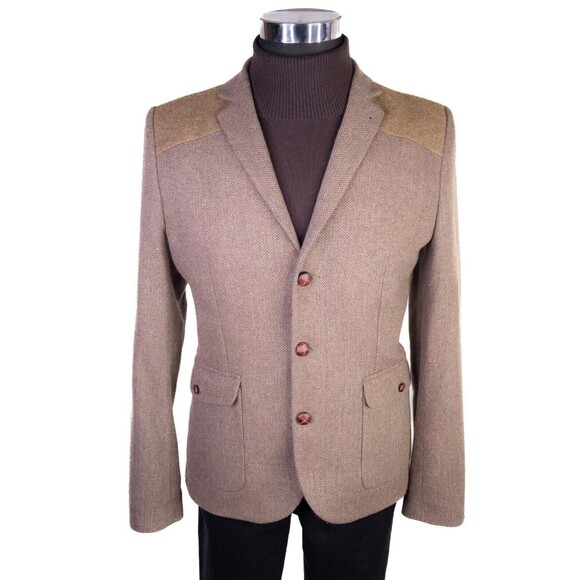 Topman Herringbone Beige Blazer Sport Coat Jacket Size 42R 3-Button Extra Slim - Picture 3 of 15